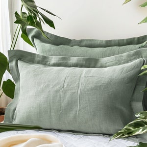 Funda de almohada Oxford de lino gris salvia, funda de almohada verde grisácea, tamaño King Queen, estándar europeo, decorativa, lumbar, tamaño personalizado, cierre de sobre