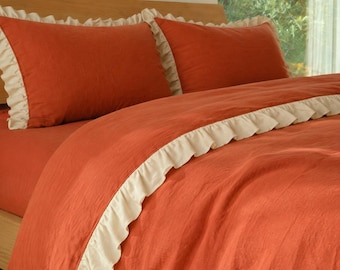 Custom Organic Linen Bedding Set with Ruffles, European Flax Duvet Cover, 2 Pillowcases, 60+ Colors Linen Bed Sheet Set, Housewarming Gift