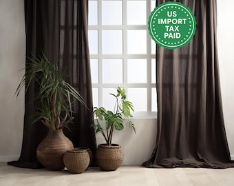 Brown regular and blackout linen curtains 2 panels Unlined Cotton Blackout lining Medium weight linen Custom size