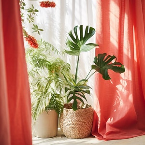 Coral regular and blackout linen curtains 2 panels Unlined Cotton Blackout lining Medium weight linen Custom size