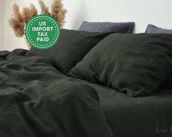 READY TO SHIP Charcoal green linen duvet cover 1 duvet cover Softened linen Comforter cover Coconut buttons Ribbon ties   Hidden closure