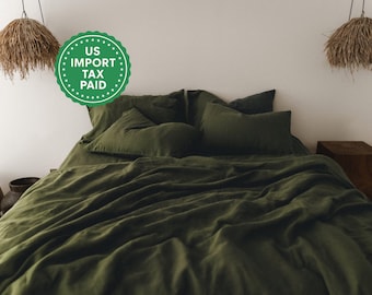 Juego de ropa de cama de lino verde oliva oscuro 1 funda nórdica y 2 fundas de almohada en color verde oliva oscuro Juego de ropa de cama de lino lavado a la piedra en color verde militar Caqui