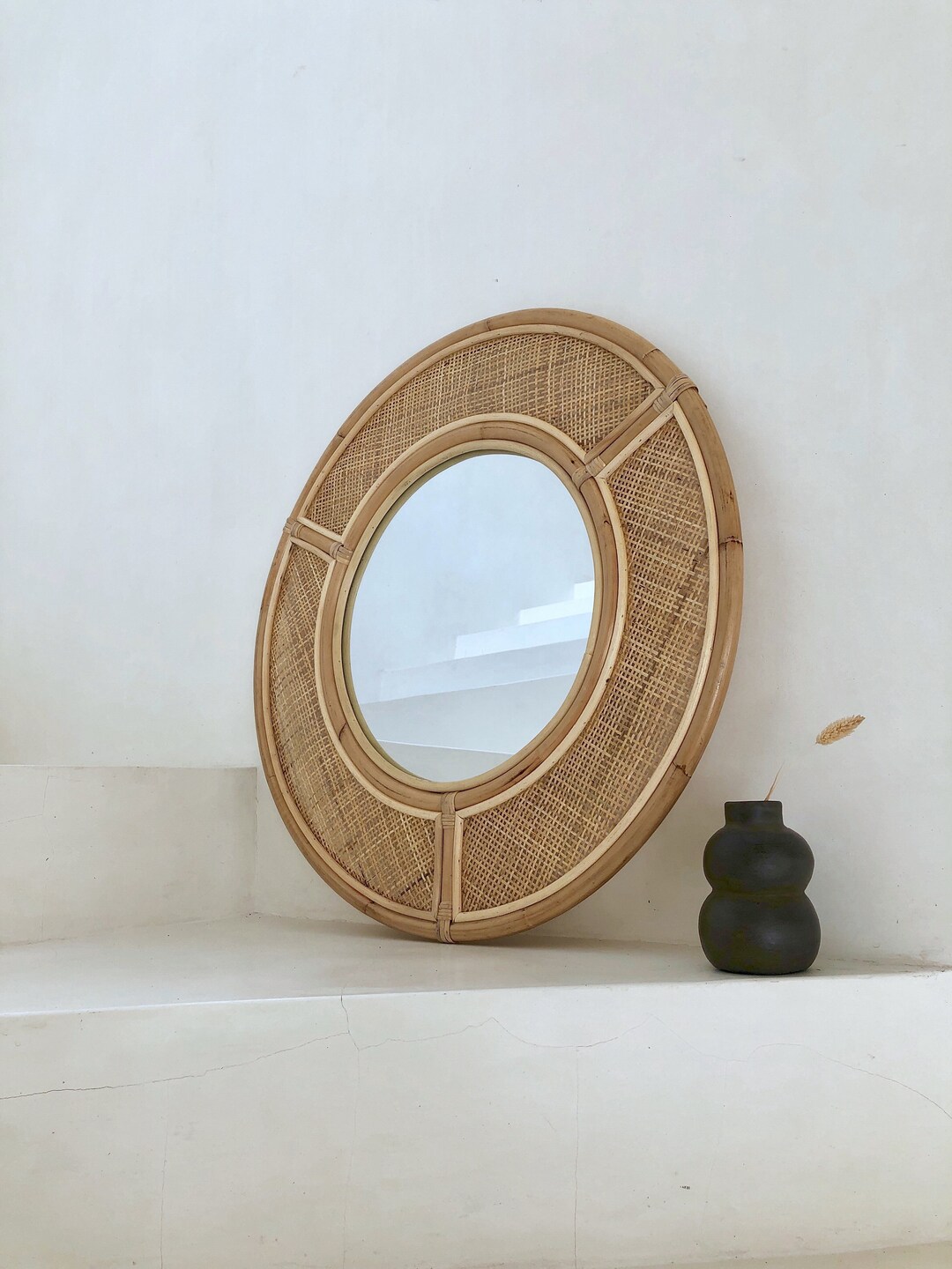 Large Rattan Wicker Mirror Cane bing Mirror Bohemian Home Decor Boho Decor Round Framed