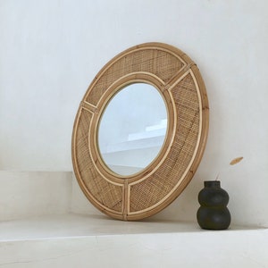 Gran espejo de mimbre de ratán Espejo de correas de caña Decoración boho del hogar Decoración boho Espejo decorativo enmarcado redondo Espejo de entrada de bambú