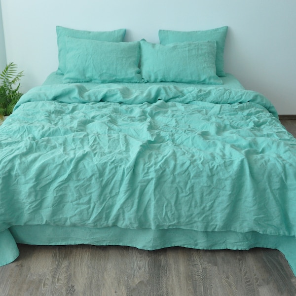 Cyan linen bedding set 1 Duvet cover and 2 Pillowcases in Turquoise color Softened linen bedding Duvet covet set Comforter set