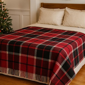 Red and Black Half Wool Tartan Plaid Blanket Soft Cozy Throw, Warm Wool Blend Bed Plaid for Home or Sofa
