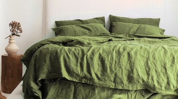 Olive Green Linen Bedding Set Premium Thick Linen Duvet Etsy