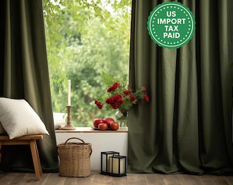 Cortinas de linho verde-oliva escuro, com opção blackout, 2 painéis. Sem forro. Forro blackout de algodão. Linho de peso médio. Tamanho personalizado.