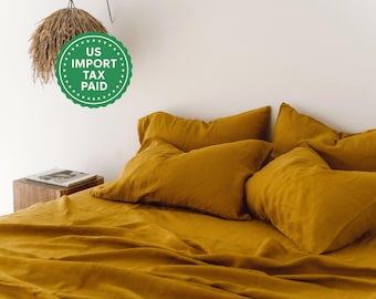 Ochre linen sheet set 1 flat sheet and 1 fitted sheet and 2 pillowcases Softened linen bedding Stonewashed Mustard bedding set