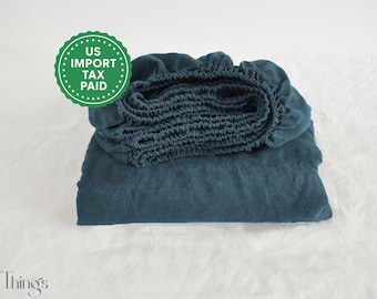 Charcoal teal linen fitted sheet 1 Fitted sheet Softened linen sheet Stonewashed linen Linen bedsheet Bluegreen linen fitted sheet