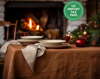 Cinnamon rectangle linen tablecloth Christmas theme round square tablecloth Brown rustic linen table cloth Stonewashed linen Custom sizes