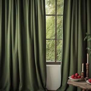 Dark olive regular and blackout linen curtains 2 panels Unlined Cotton Blackout lining Medium weight linen Custom size image 9