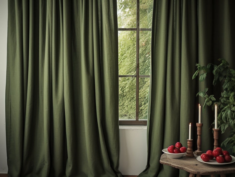 Dark olive regular and blackout linen curtains 2 panels Unlined Cotton Blackout lining Medium weight linen Custom size image 9