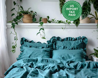Teal and other colors ruffled linen pillow cover Linen pillowcase with ruffles Standard Queen King Custom size pillow case