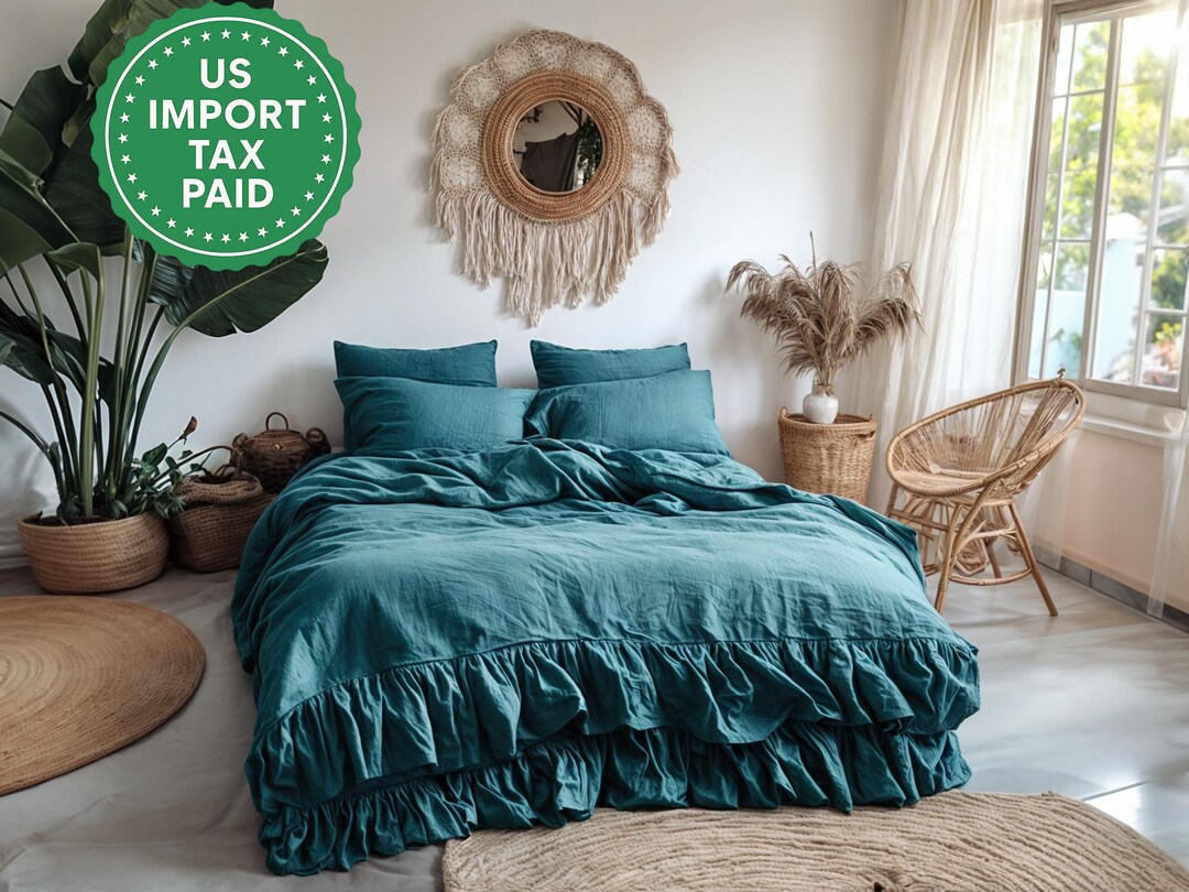Teal Linen Double Ruffled Duvet Cover 1 Duvet Cover Softened Linen Blue ...