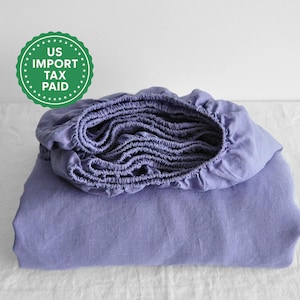 Sábana ajustable de lino lavanda 1 Sábana ajustable Gris violeta Sábana de lino suavizado Lino lavado a la piedra Sábana de lino Decoración de granja