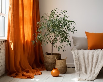Burnt orange regular and blackout linen curtains 2 panels Unlined Cotton Blackout lining Medium weight linen Custom size