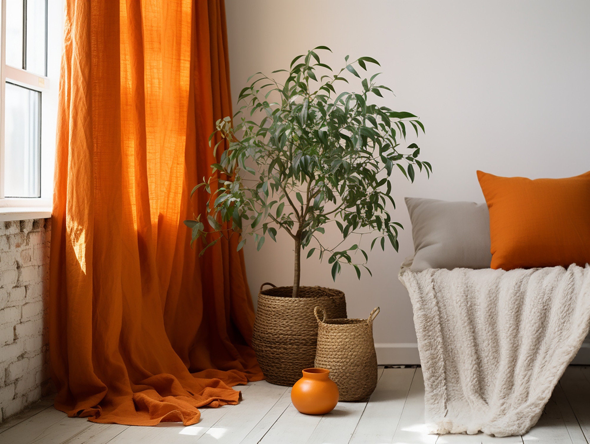 Burnt orange regular and blackout linen curtains 2 panels Unlined Cotton Blackout lining Medium weight linen Custom size