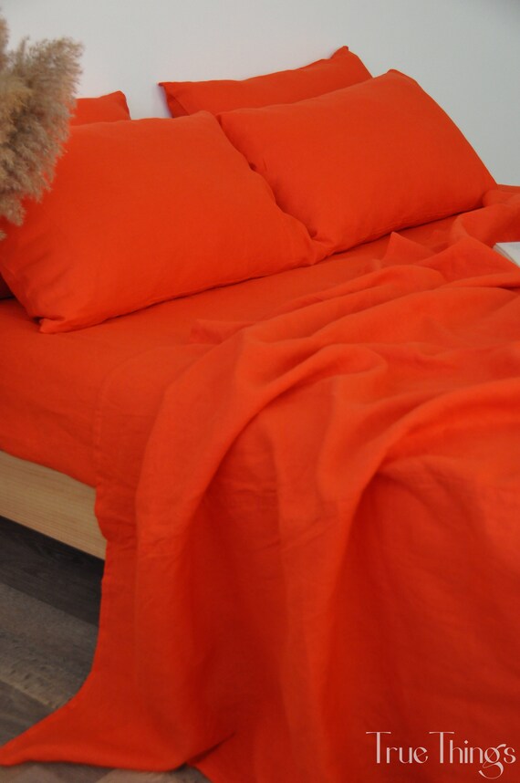 Bright Orange Linen Sheet Set / 1 Flat 