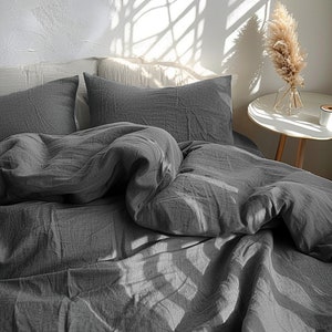 Picture of Dark Gray Melange Linen Bedding Set Duvet Cover and 2 Pillowcases in ...