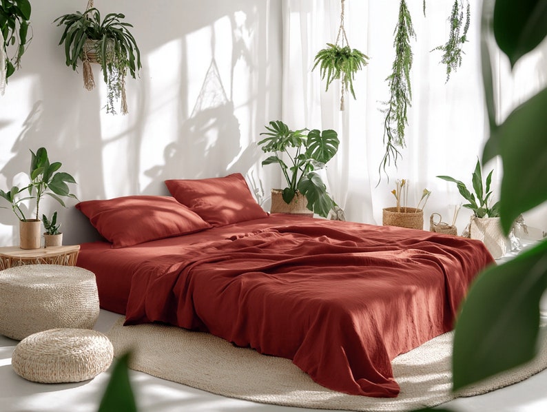 Red/rust Bedding Redwood Linen Sheet Set 1 Flat Sheet and 1 Fitted Sheet and 2 ...