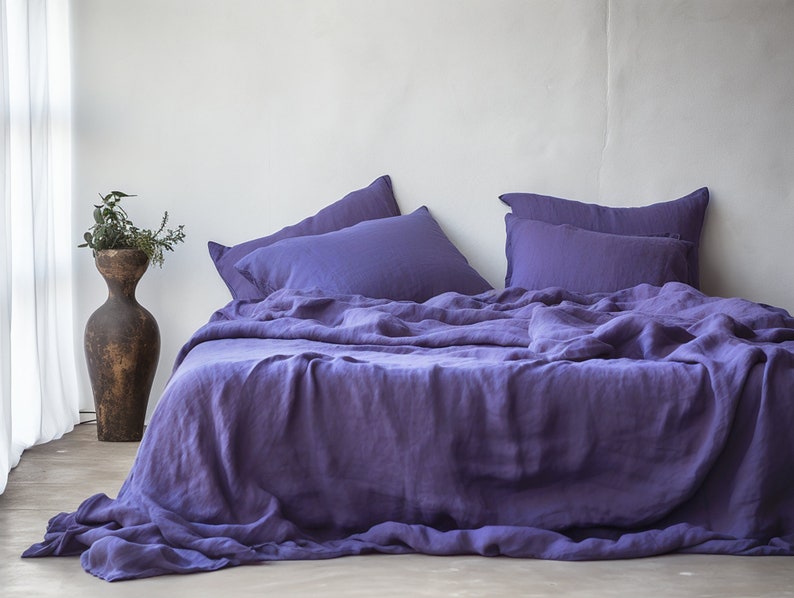 Violet linen sheet set 1 flat sheet and 1 fitted sheet and 2 pillowcases Purple softened linen bedding Stonewashed Lavender bedding set image 2