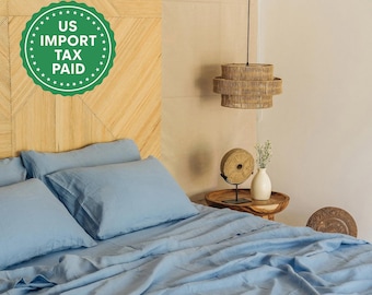 Juego de sábanas de lino azul aciano 1 sábana encimera, 1 sábana ajustable y 2 fundas de almohada Ropa de cama de lino suavizado Juego de cama azul lavado a la piedra