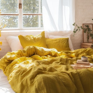 Mustard linen duvet cover set 1 Duvet cover and 2 Pillowcases in mustard color Softened linen bedding set Comforter cover set
