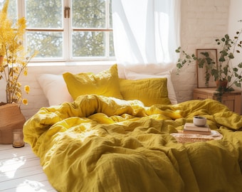 Mustard linen duvet cover set 1 Duvet cover and 2 Pillowcases in mustard color Softened linen bedding set Comforter cover set