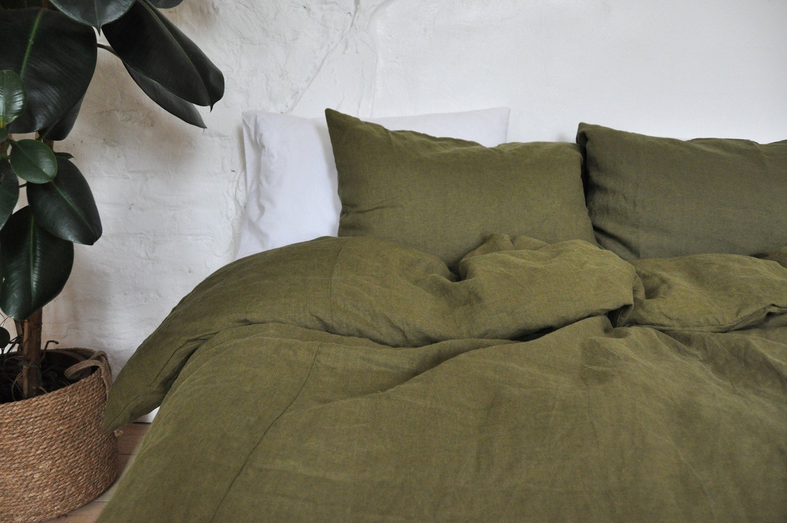 Dark olive green linen bedding set / 1 Duvet cover 2 Etsy