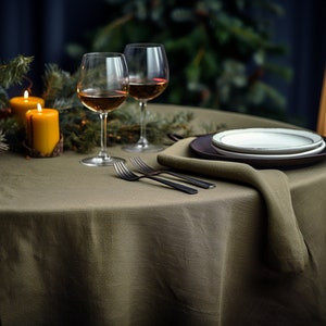 Dark olive round linen tablecloth Christmas theme rectangle square tablecloth Olive rustic linen table cloth Stonewashed linen Custom sizes image 7