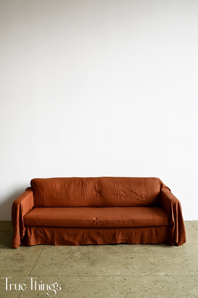 Cinnamon linen sofa slipcover / Couch throw / Softened linen drop shops cloth couch cover / Eco-friendly bedspread / Custom size bed cover