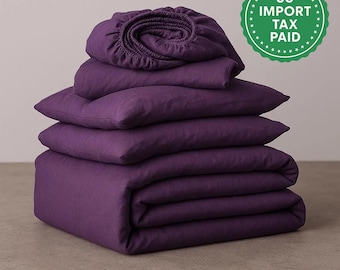 Deep purple softened linen 4-piece bedding set / 1 duvet cover + 1 fitted sheet + 2 pillowcases /  Custom sizes