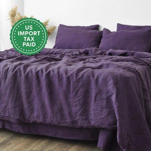 Funda nórdica de lino morado oscuro 1 funda nórdica Lino suavizado Funda de edredón morado oscuro Funda de edredón Botones de coco Lazos de cinta