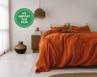 Bränd orange linnesängkläderset 1 påslakan och 2 örngott i bränd orange färg Överkastset Mjukt linnesängkläder