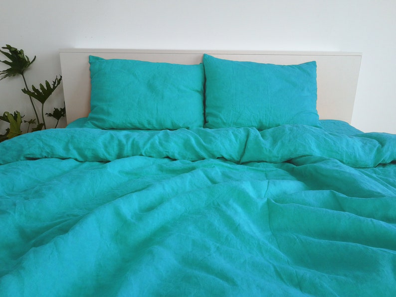 Bright turquoise linen bedding set / 1 Duvet cover 2 Etsy