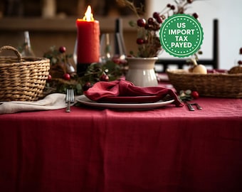 Rödbrun rektangulär linneduk Rund fyrkantig duk med jultema Röd rustik linneduk Stentvättad linne Anpassade storlekar