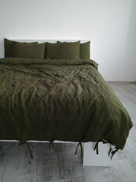 Dark olive green linen duvet cover with ribbon ties closure / Etsy