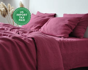 Raspberry linen bedding set 1 Duvet cover and 2 Pillowcases Softened linen Comforter cover set Quilt cover set Hidden closure
