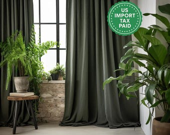 Charcoal green regular and blackout linen curtains 2 panels Unlined Cotton Blackout lining Medium weight linen Custom size