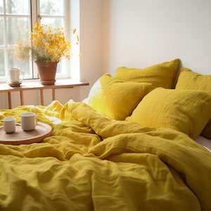 Mustard linen duvet cover 1 duvet cover Softened linen Yellow comforter cover Quilt cover Coconut buttons   Ribbon ties