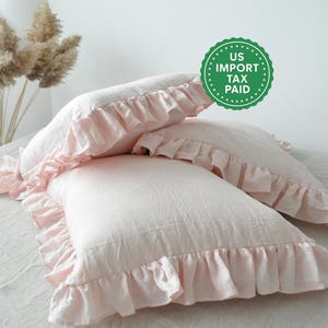 Blush pink and other colors ruffled linen pillow cover Linen pillowcase with ruffles Standard Queen King Custom size pillow case