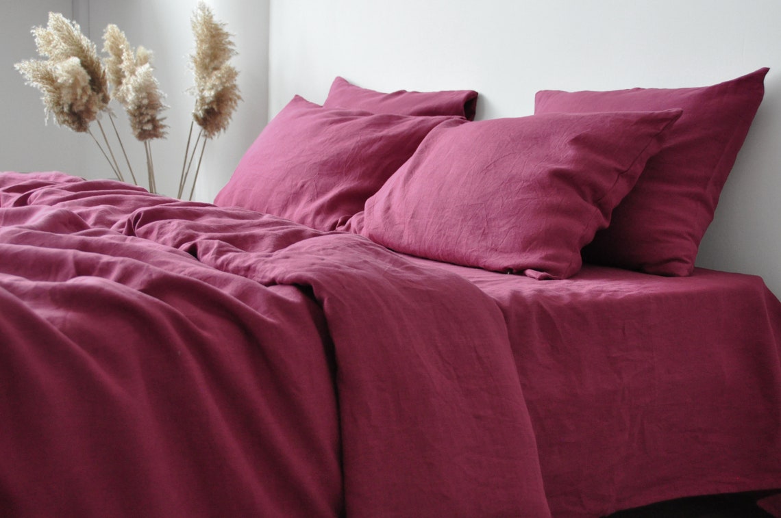Raspberry linen bedding set / 1 Duvet cover 2 Pillowcases / Etsy