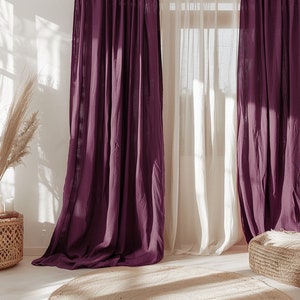 Burgundy regular and blackout linen curtains Custom curtains 2 panels Unlined Cotton Blackout lining Medium weight linen