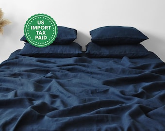 Navy linen sheet set 1 flat sheet and 1 fitted sheet and 2 pillowcases Softened linen bedding Stonewashed Blue bedding set