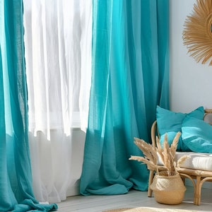 Turquoise linen curtains Custom curtains 2 panels Stonewashed linen Medium weight linen Rod pocket hanging type  and  other