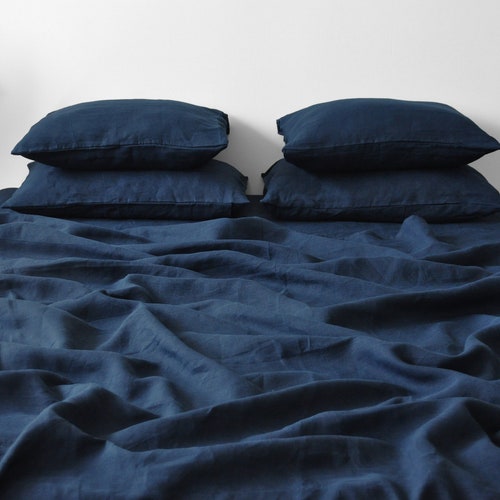 Ocean Blue Linen Sheet Set / 1 Flat Sheet 1 Fitted Sheet 2 Etsy