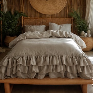 Undyed linen triple ruffled bedding set Duvet cover and 2 pillowcases with ruffles Softened linen Comforter cover set Quilt cover set