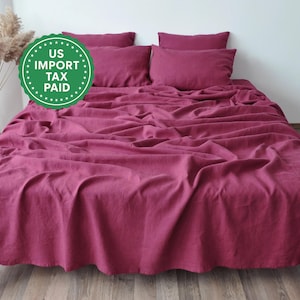 Raspberry linen sheet set 1 flat sheet and 1 fitted sheet and 2 pillowcases Softened linen bedding Stonewashed Red bedding set