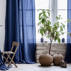 Indigo linen curtains 2 panels Stonewashed linen curtains Medium weight linen Rod pocket hanging type  and  other Custom size